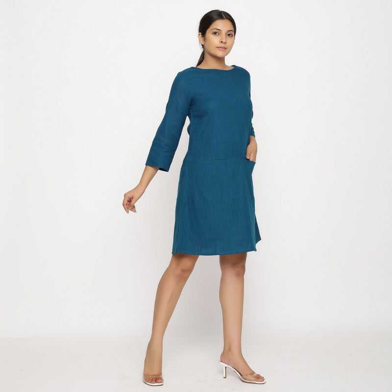 Teal Blue Cotton Round Neck Short Tunic Dress 44" / Custom Height (Free) Teal Blue Cotton Round Neck Short Tunic Dress 44" / Custom Height (Free)