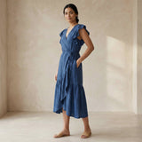Teal Blue Cotton Ruffle Midi Wrap Dress