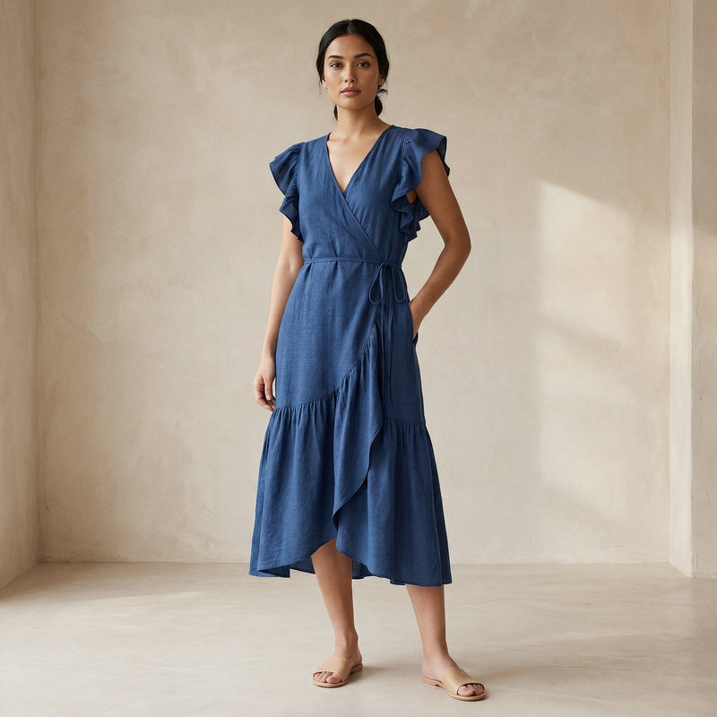 Teal Blue Cotton Ruffle Midi Wrap Dress 58