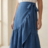 Teal Blue Cotton Ruffle Midi Wrap Skirt