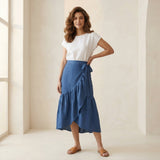 Teal Blue Cotton Ruffle Midi Wrap Skirt