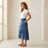 Teal Blue Cotton Ruffle Midi Wrap Skirt