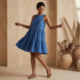 Teal Blue Cotton Tiered Mini Sundress
