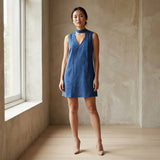 Teal Blue Cotton V-Neck Short Shift Dress with Scarf-Belt