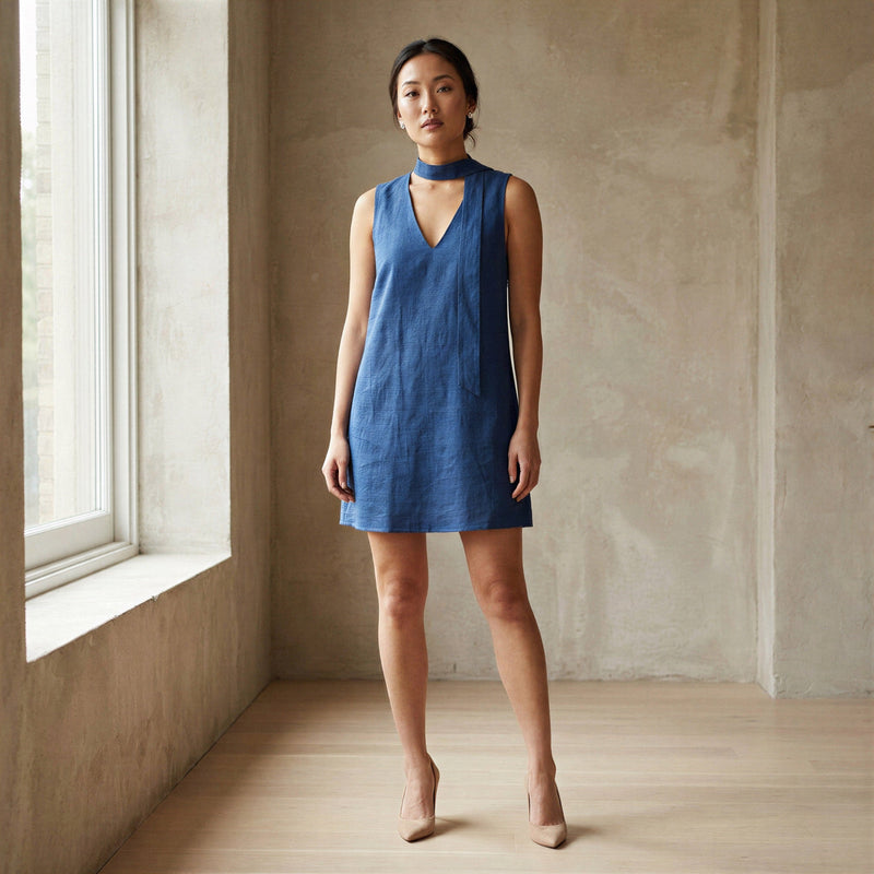 Teal Blue Cotton V-Neck Short Shift Dress with Scarf-Belt 40