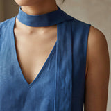 Teal Blue Cotton V-Neck Short Shift Dress with Scarf-Belt