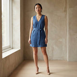 Teal Blue Cotton V-Neck Short Shift Dress with Scarf-Belt