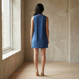 Teal Blue Cotton V-Neck Short Shift Dress with Scarf-Belt