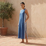 Teal Blue Cotton Wavy Stripe Maxi Shift Dress