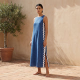 Teal Blue Cotton Wavy Stripe Maxi Shift Dress