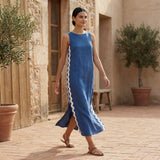 Teal Blue Cotton Wavy Stripe Maxi Shift Dress