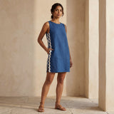 Teal Blue Cotton Wavy Stripe Short Shift Dress