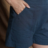 Teal Blue Yarn Dyed Cotton Elasticated Mid-Rise Shorts