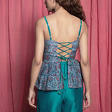 Back Detail of a Model wearing Teal Chanderi Cotton Block Print Peplum Top