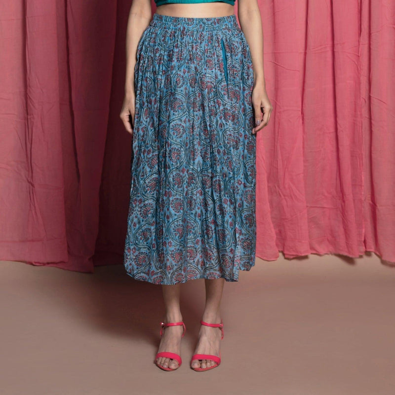 Front View of a Model wearing Teal Chanderi Block Printed Slit Skirt