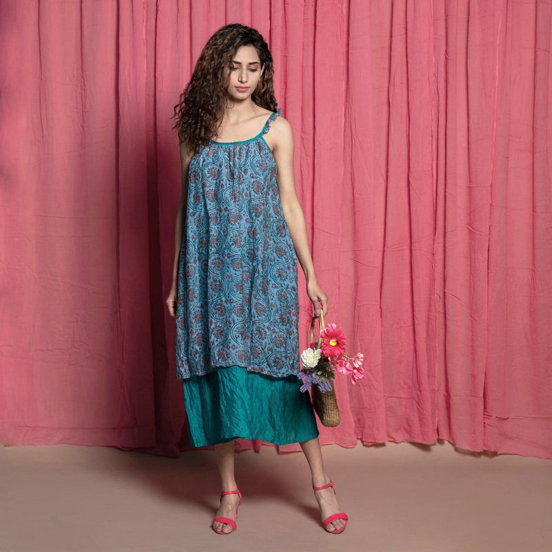 Front View of a Model wearing Teal Chanderi Block Print Tent Dress