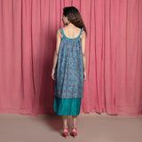 Back View of a Model wearing Teal Cotton Chanderi Block Print Midi Tent Dress