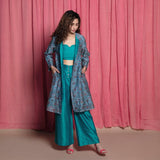 Front View of a Model wearing Teal Cotton Chanderi Block Printed Knee Length Overlay