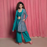 Front View of a Model wearing Teal Hand Block Printed Chanderi Overlay