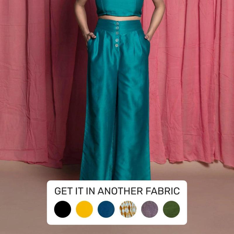 Front View of a Model wearing Teal Cotton Chanderi High-Rise Wide Legged Pant