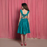 Back View of a Model wearing Teal Chanderi Strappy Fit and Flare Dress