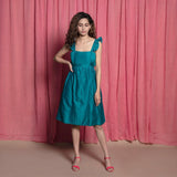 Front View of a Model wearing Teal Chanderi Strappy Fit and Flare Dress