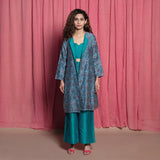 Front View of a Model wearing Teal Cotton Chanderi 3-piece Set