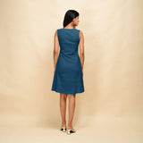 Back View of a Model wearing Teal Cotton Slim Fit Short Dress