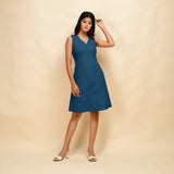 Front View of a Model wearing Teal Cotton Slim Fit Short Dress