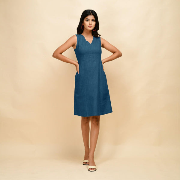 best dresses for slim ladies Teal Cotton Fit Sleeveless Short Dress 44
