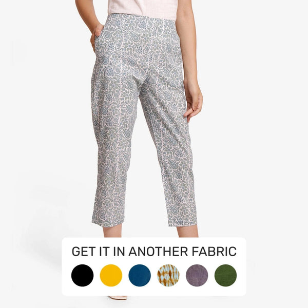 cigarette cotton pants Buy Teal Floral Block Printed Cotton Cigarette Pant Online at SeamsFriendly