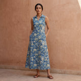 Teal Garden Floral Block Print Cotton Paneled Sleeveless Maxi Dress