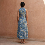 Teal Garden Floral Block Print Cotton Paneled Sleeveless Maxi Dress