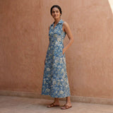 Teal Garden Floral Block Print Cotton Paneled Sleeveless Maxi Dress