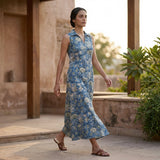 Teal Garden Floral Block Print Cotton Paneled Sleeveless Maxi Dress