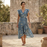 Teal Garden Floral Block Print Cotton Ruffle Midi Wrap Dress