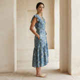 Teal Garden Floral Block Print Cotton Ruffle Midi Wrap Dress