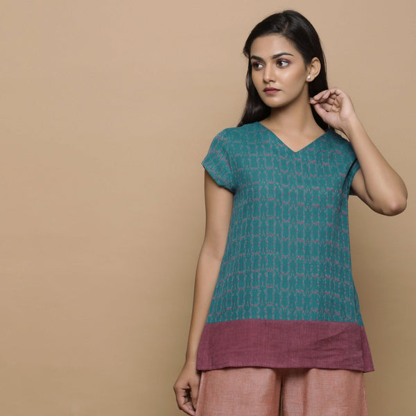 Teal Handwoven Ikat Cotton Cap Sleeve Paneled Top