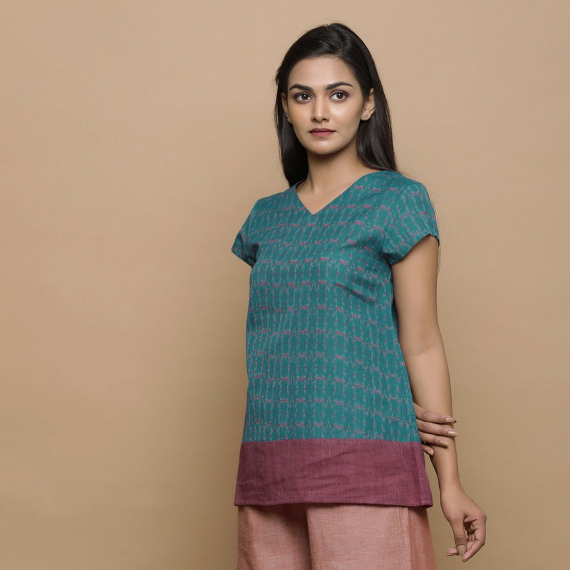 Teal Handwoven Ikat Cotton Cap Sleeve Paneled Top