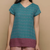 Teal Handwoven Ikat Cotton Cap Sleeve Paneled Top