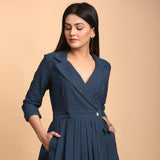 Teal Pleated Knee Length Wrap Dress