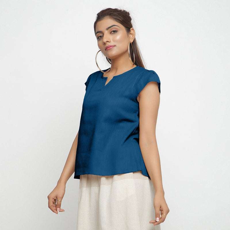 Left View of a Model wearing Teal Puff Sleeves Cotton A-Line Top