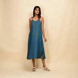 Front View of a Model wearing Teal 100% Cotton Khadi A-Line Dress