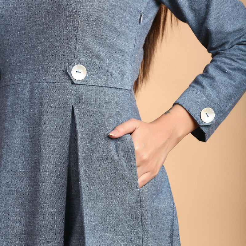 Front Detail of a Model wearing Turkish Blue Pleated Short Dress