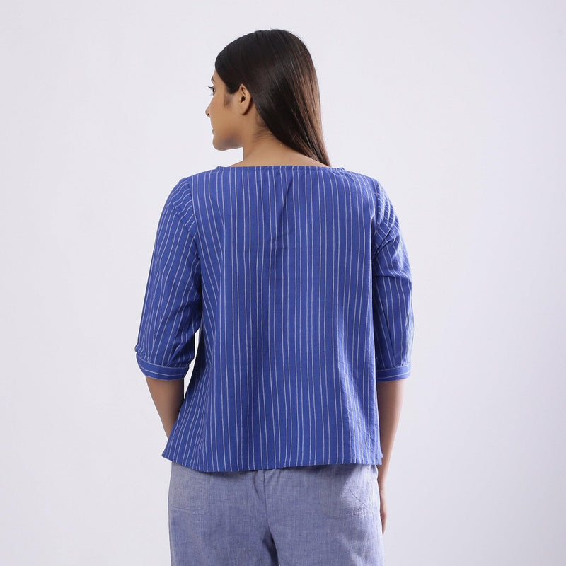 Turkish Blue Striped 100% Cotton Round Neck Top