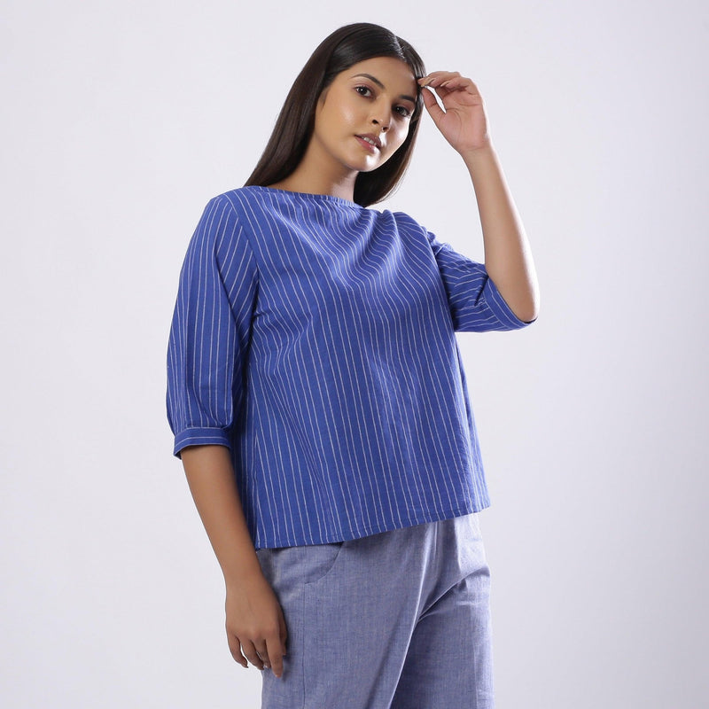 Turkish Blue Striped 100% Cotton Round Neck Top