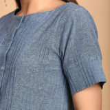 Left Detail of a Model wearing Turkish Blue Boat Neck Shirt