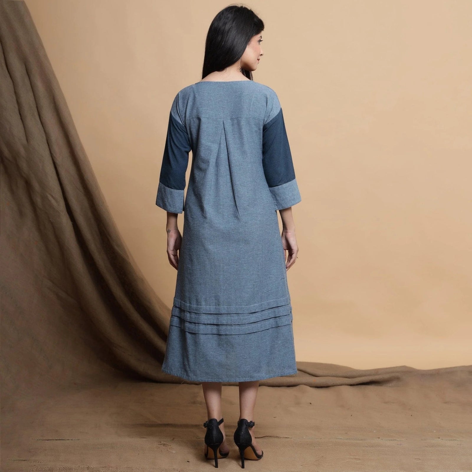 turkish cotton dresses Turkish Blue Yarn Dyed Cotton Yoked Maxi Dress