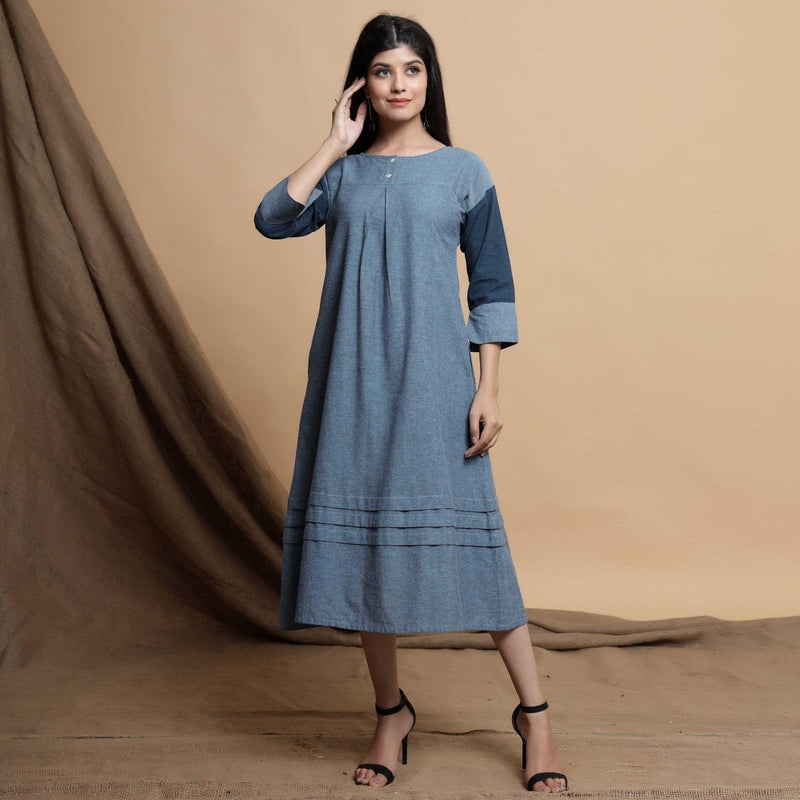 Turkish Blue Yarn Dyed Cotton Yoked Maxi Dress