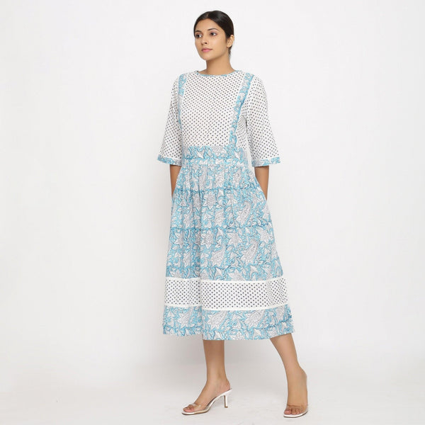 Front View of a Model wearing Turquoise Block-Printed Lace Dress